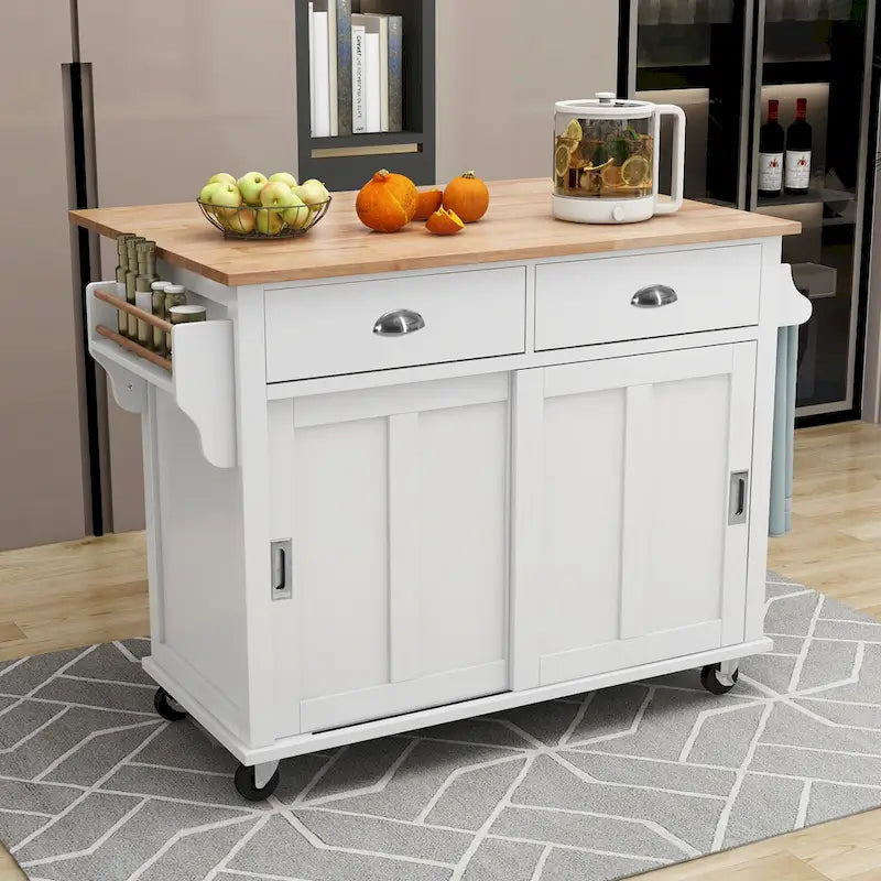 Wood Folding Kitchen Island on Wheels with Adjustable Shelf Storage Cabinet and 2 Drawers, Concealed Sliding Barn Door