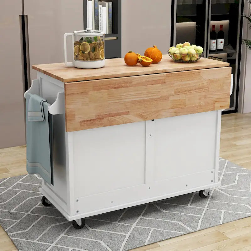 Wood Folding Kitchen Island on Wheels with Adjustable Shelf Storage Cabinet and 2 Drawers, Concealed Sliding Barn Door