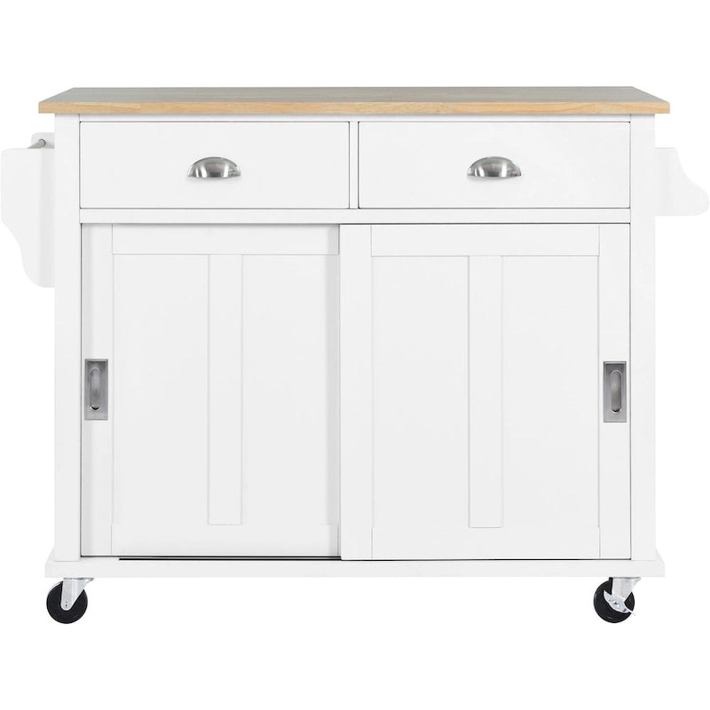 Wood Folding Kitchen Island on Wheels with Adjustable Shelf Storage Cabinet and 2 Drawers, Concealed Sliding Barn Door