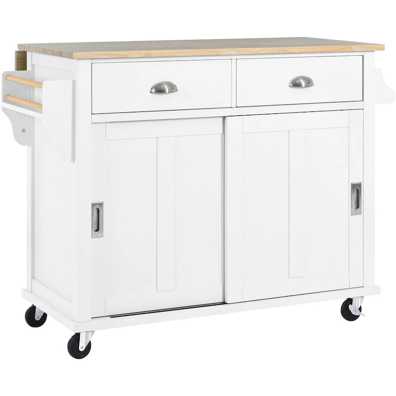 Wood Folding Kitchen Island on Wheels with Adjustable Shelf Storage Cabinet and 2 Drawers, Concealed Sliding Barn Door