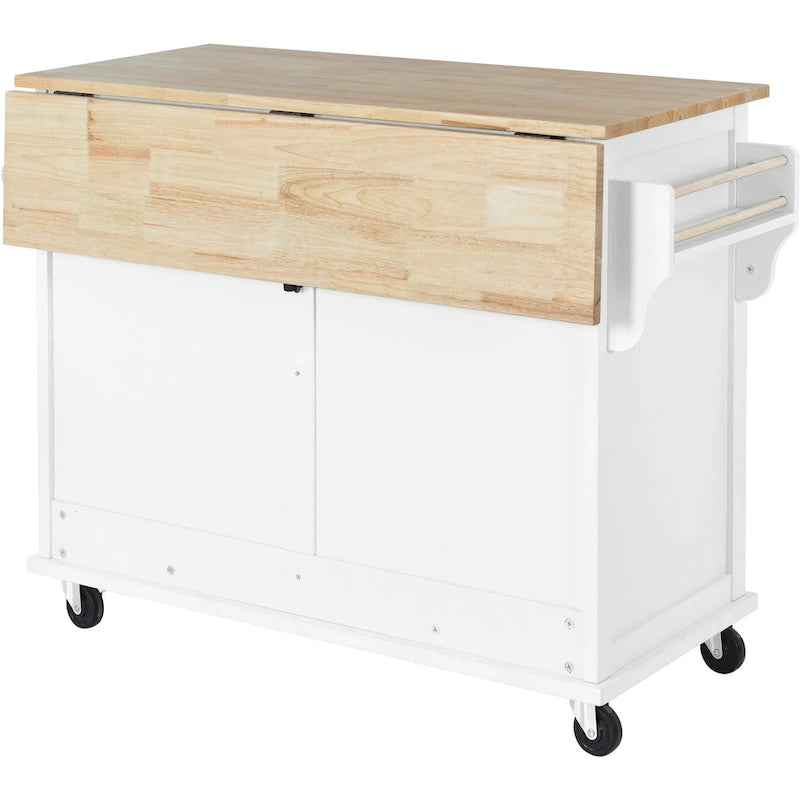 Wood Folding Kitchen Island on Wheels with Adjustable Shelf Storage Cabinet and 2 Drawers, Concealed Sliding Barn Door