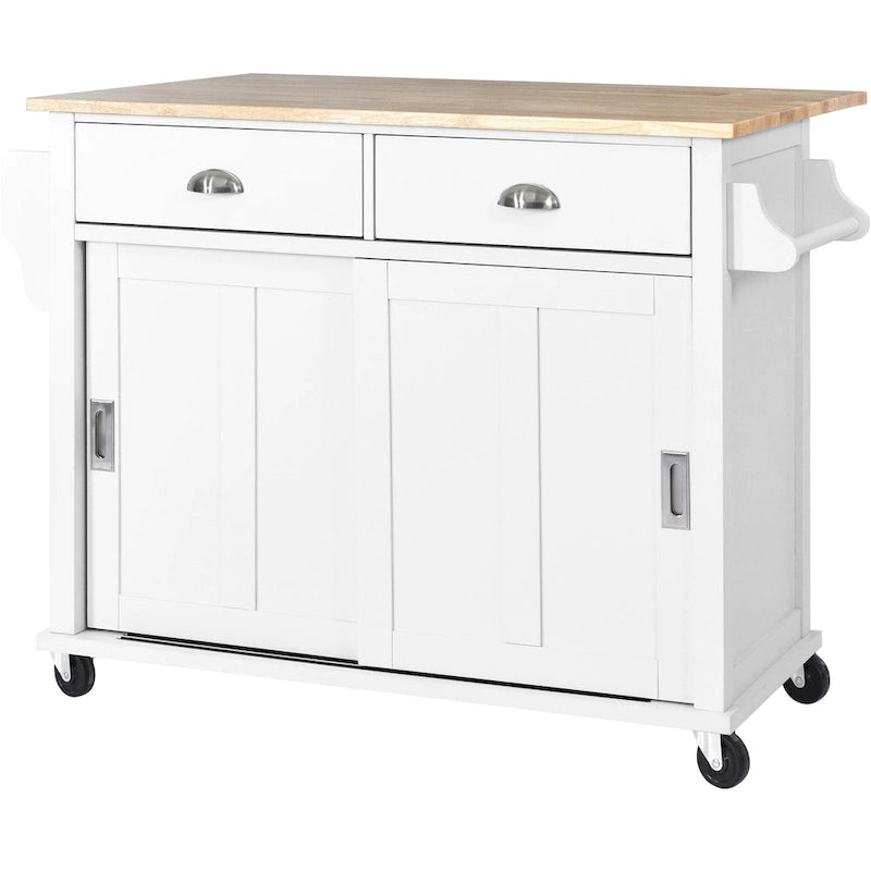 Wood Folding Kitchen Island on Wheels with Adjustable Shelf Storage Cabinet and 2 Drawers, Concealed Sliding Barn Door