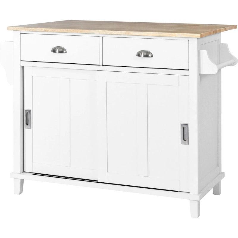 Wood Folding Kitchen Island on Wheels with Adjustable Shelf Storage Cabinet and 2 Drawers, Concealed Sliding Barn Door