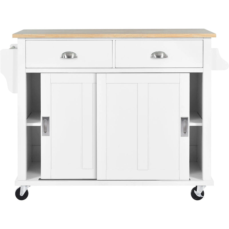 Wood Folding Kitchen Island on Wheels with Adjustable Shelf Storage Cabinet and 2 Drawers, Concealed Sliding Barn Door