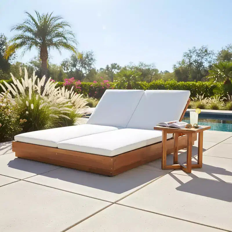 Christopher Knight Home Ming Moderne Acacia Patio Double Chaise Longue avec Table d'appoint Carrée à Lattes