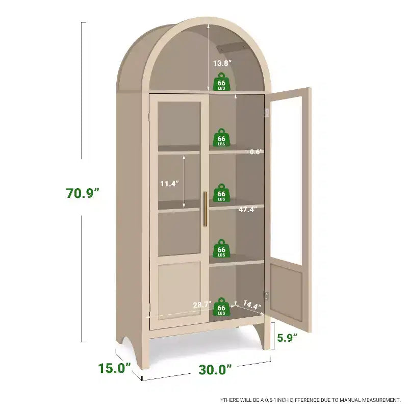 Meuble de rangement haut cintré de 71 po avec 2 portes en acrylique et étagères pour salon