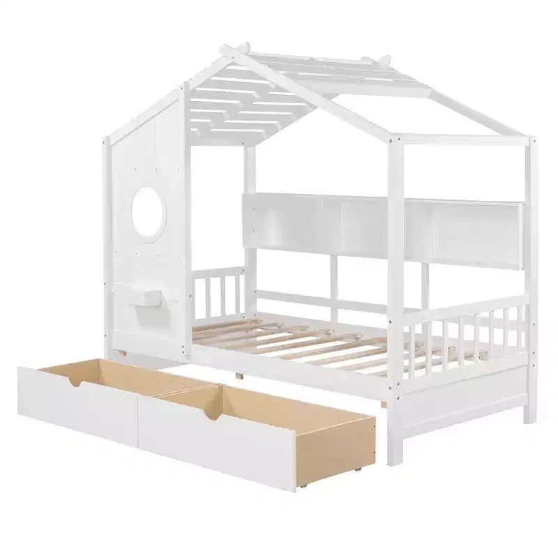 Lit cabane et lit enfant Whisen une place, lit cabane avec 2 tiroirs, étagère de rangement