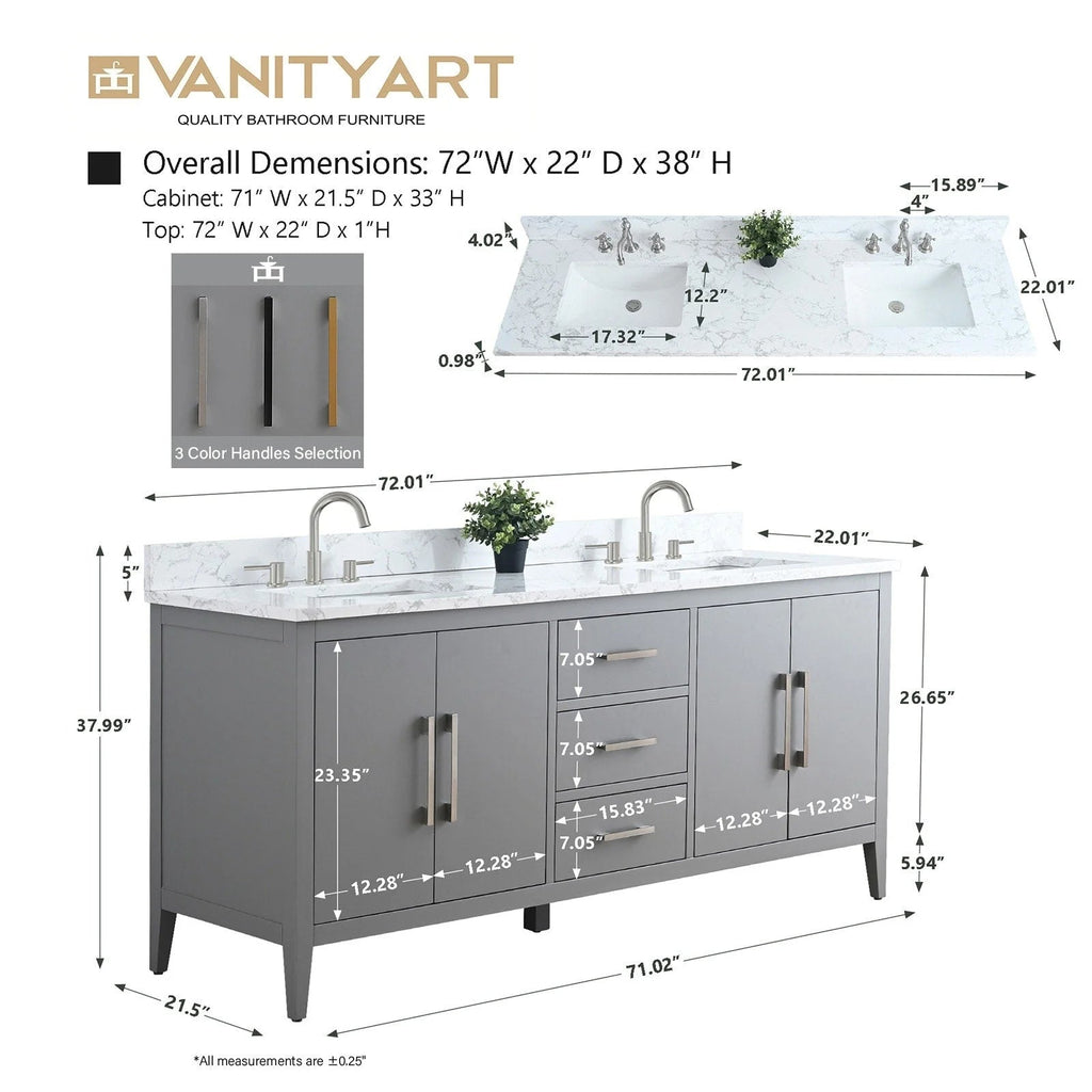 Meuble-lavabo de salle de bain Vanity Art 72 po à double vasque avec dessus en marbre reconstitué