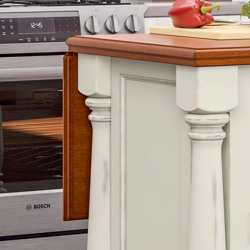 Ensemble îlot de cuisine 3 pièces Homestyles Monarch en bois blanc cassé avec plateau en bois à abattant - 48 x 25 x 36