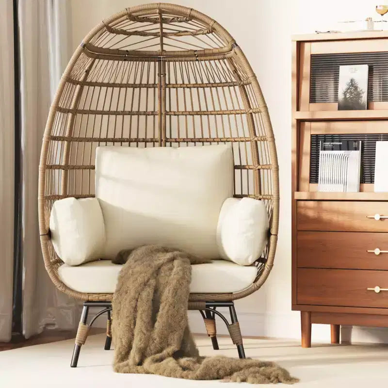 Fauteuil œuf, Fauteuil œuf en osier avec coussin moelleux, Cadre en acier et base en métal, Chaise longue pour intérieur et extérieur, salon et jardin