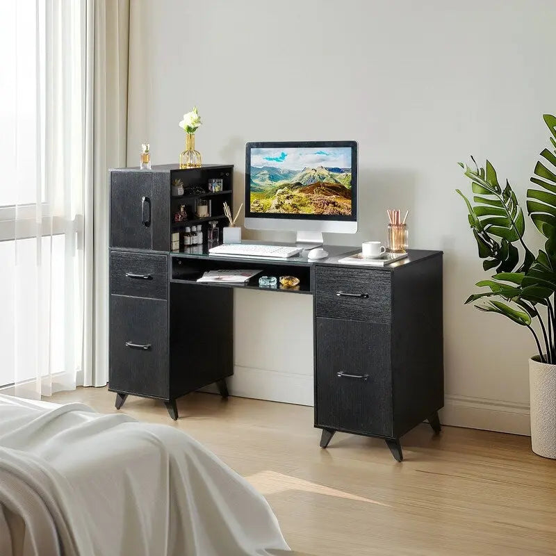 Bureau informatique de 140 cm avec étagères, tiroirs et armoire