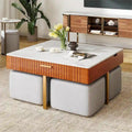 Table basse relevable avec rangement dissimulé et 4 poufs