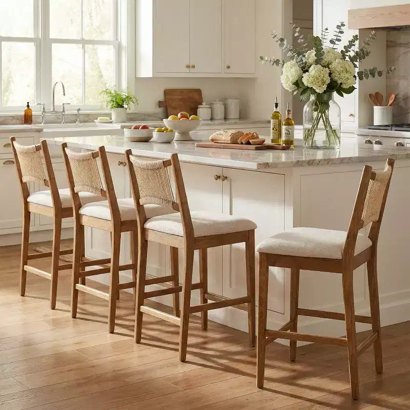 Tabourets de comptoir rembourrés modernes en bois d'hévéa Natalie Christopher Knight Home avec dossier en corde tressée (lot de 4)