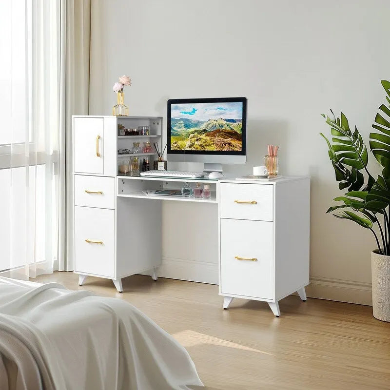 Bureau informatique de 140 cm avec étagères, tiroirs et armoire