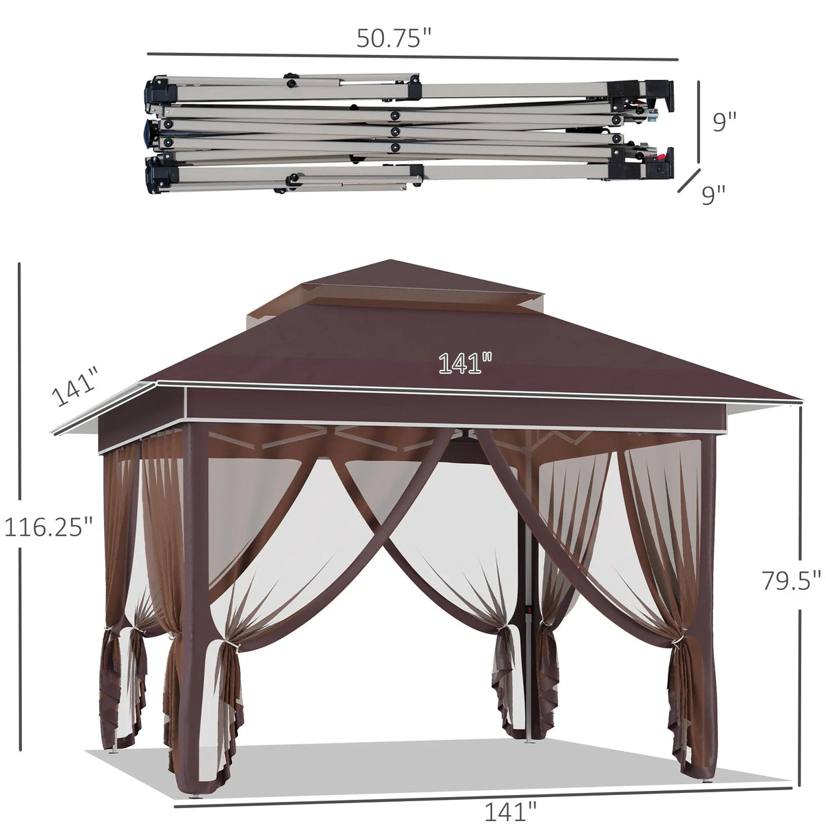 Outsunny 12 x 12 Tonnelle escamotable Pare-soleil Tente instantanée pliable avec filet latéral en maille, Hauteur réglable sur 3 niveaux