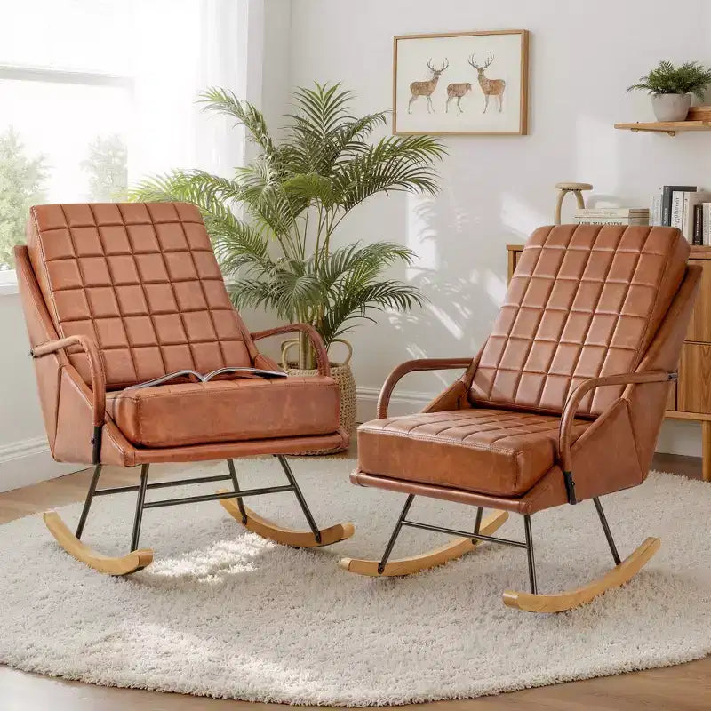 VECELO Fauteuil à bascule en similicuir/tissu Teddy, fauteuil inclinable de salon moderne avec assise rembourrée, base en bois massif sécurisée Blanc/Marron