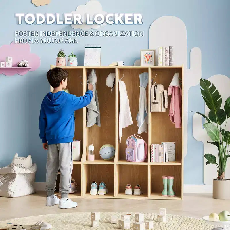 Vestiaire enfant 4 sections Acekool avec 4 casiers et 8 patères pour salle de classe, crèche et maison