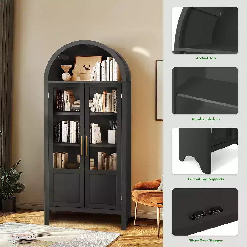 Meuble de rangement haut cintré de 71 po avec 2 portes en acrylique et étagères pour salon
