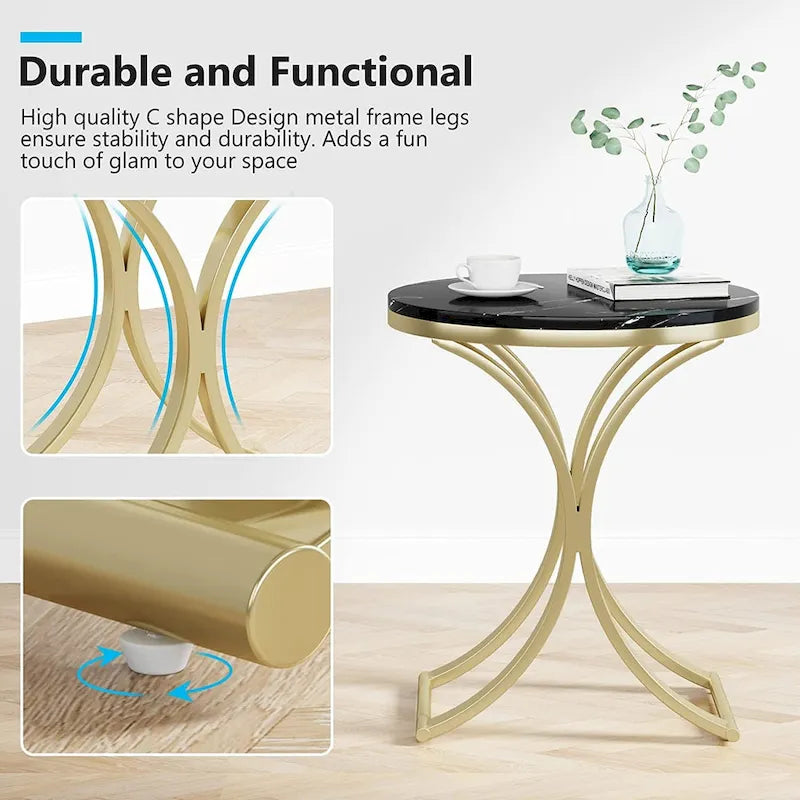 Petite table d'appoint ronde moderne, bout de canapé ou table de chevet avec structure en métal doré et plateau en bois d'ingénierie aspect marbre pour salon