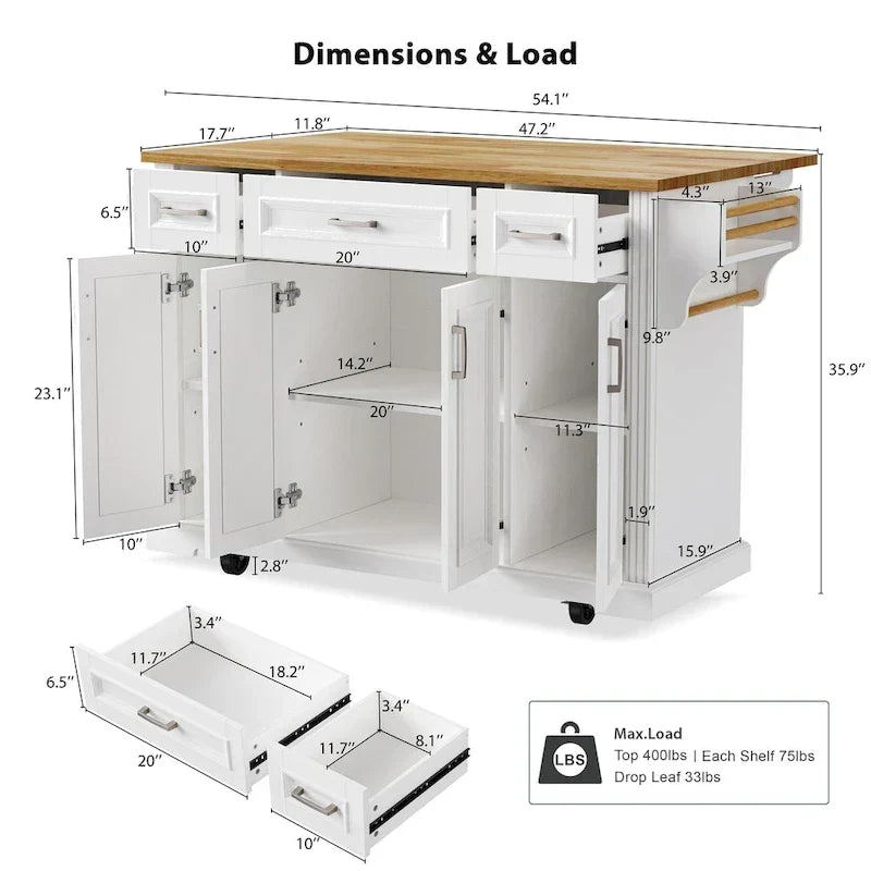 Grand îlot de cuisine avec abattant en bois, desserte à roulettes avec texture en relief, portes, tiroirs et rangement pour cuisine, blanc