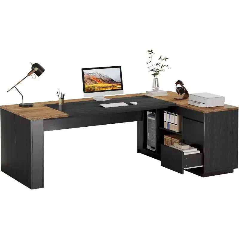 Bureau de direction en L Lantine 78 avec tiroirs, bureau informatique avec armoire, poste de travail pour mobilier de bureau à domicile