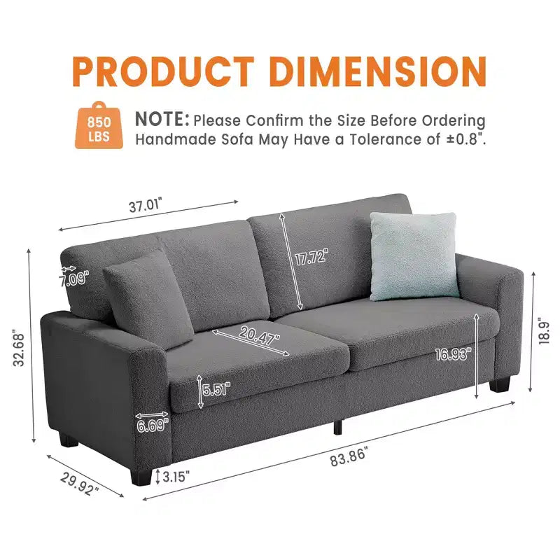 Canapé moderne 3 places de 83 po avec assise profonde, tissu doux, accoudoirs larges, housse de coussin amovible et lavable