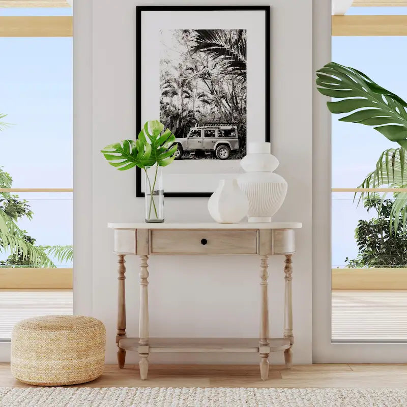 Table console avec plateau en marbre – Brun clair / Gris / Noir délavé, demi-lune, montage par une personne