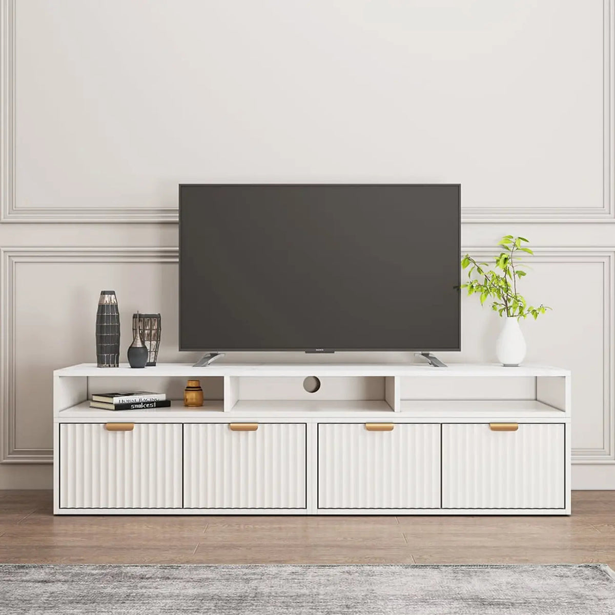 Meuble TV d'angle moderne blanc avec 2 tiroirs et rangement ouvert