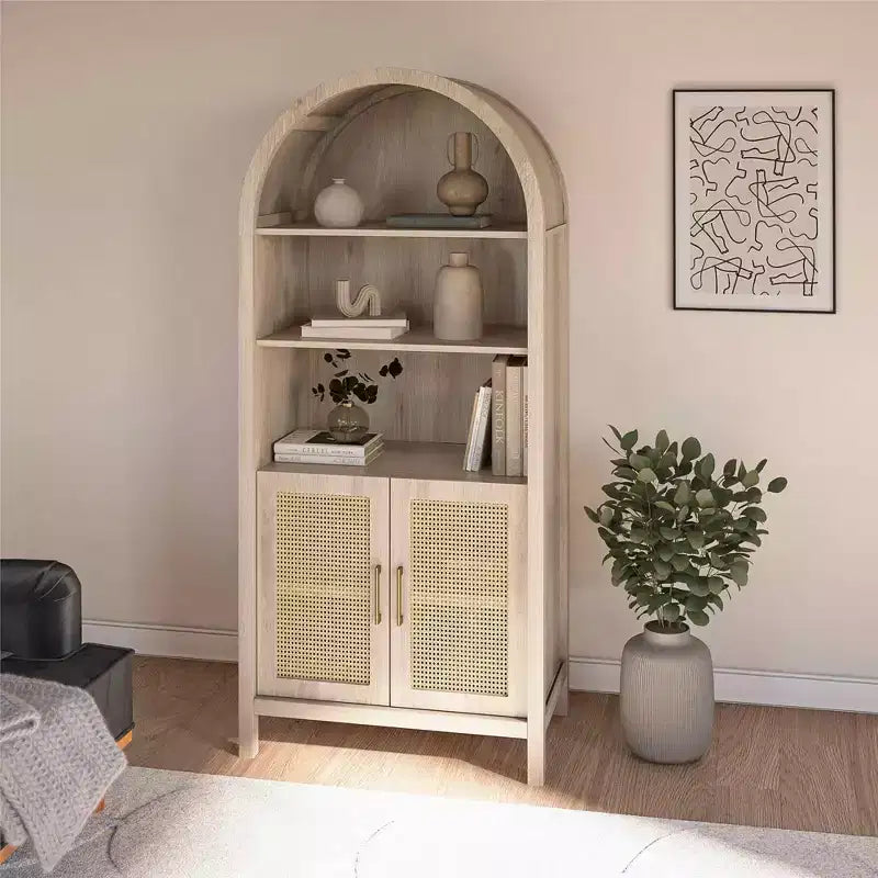 Meuble de Rangement Bohème à Arches avec 2 Portes en Faux Rotin, 5 Étagères Réglables pour Salon, Cuisine, Beige
