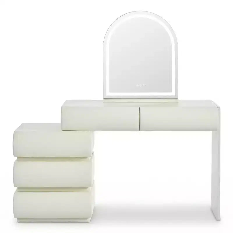 Coiffeuse de Luxe Whisen avec Miroir, Meuble Coiffeuse avec Armoire Latérale Mobile, 6 Tiroirs de Rangement et Tabouret