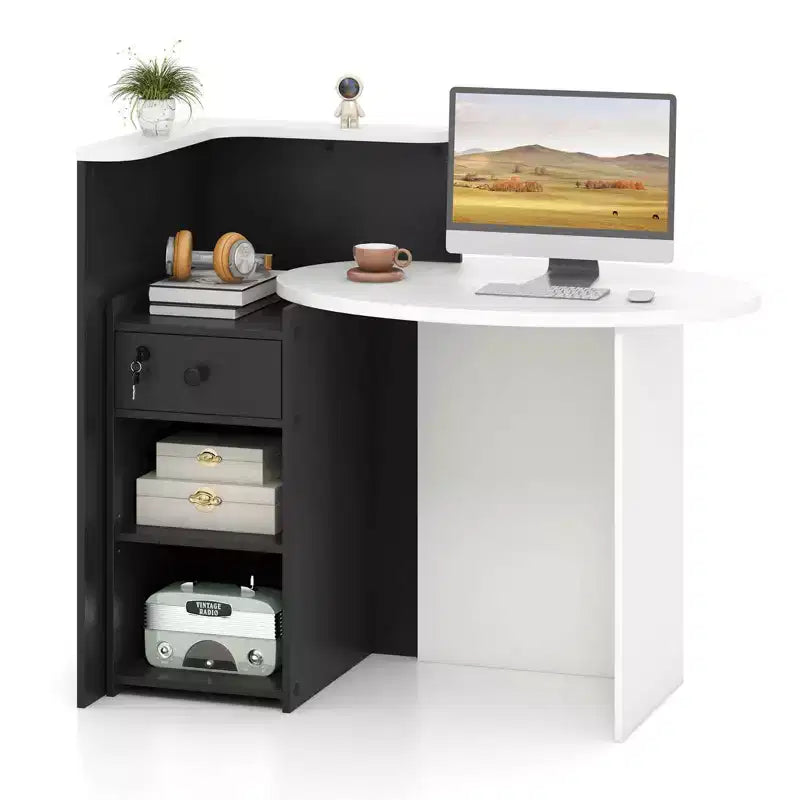 Costway Comptoir de Réception Bureau de Caisse avec Étagère Ouverte et Tiroir Verrouillable Blanc/Marron/Noir