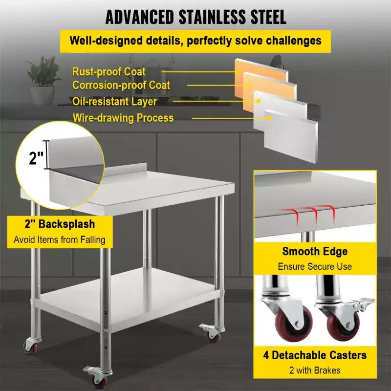 VEVOR Table de préparation en acier inoxydable, 76 x 61 x 89 cm, capacité de charge de 200 kg, table de travail en métal robuste, argent