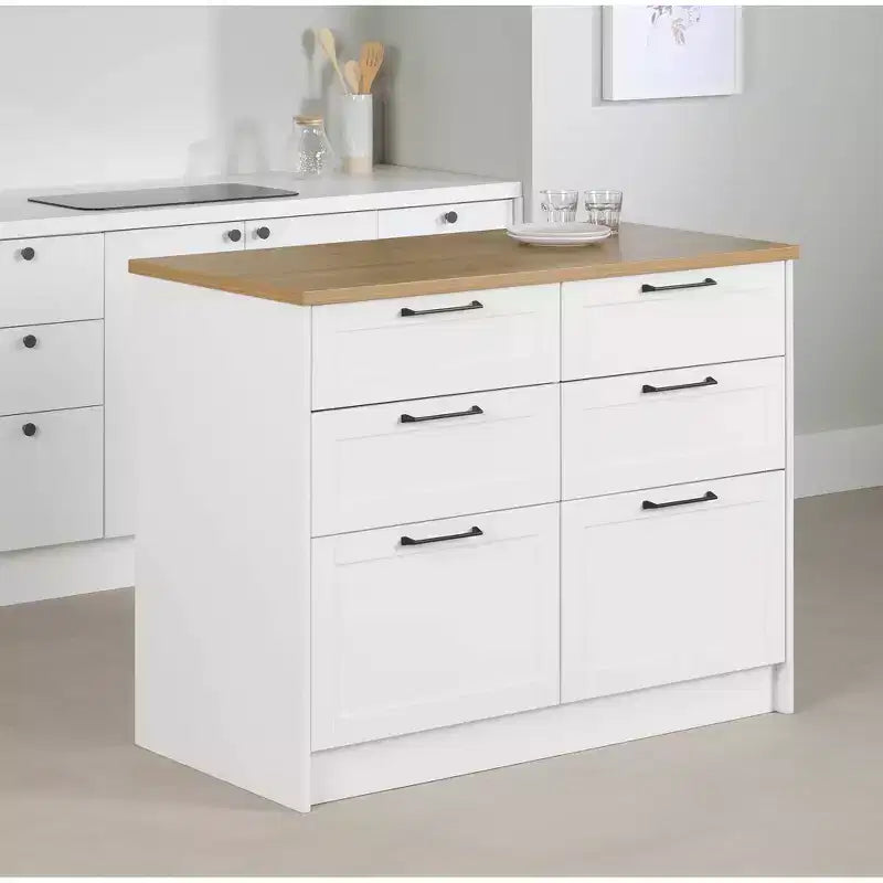 Îlot de cuisine à 6 tiroirs – Style champêtre, blanc et érable muscade, 47,25 po L