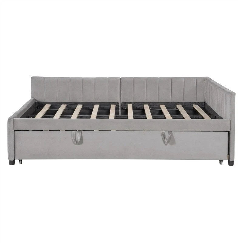 Lit de repos rembourré avec lit gigogne escamotable simple, Cadre de lit de repos double avec dossier en L et design rayé