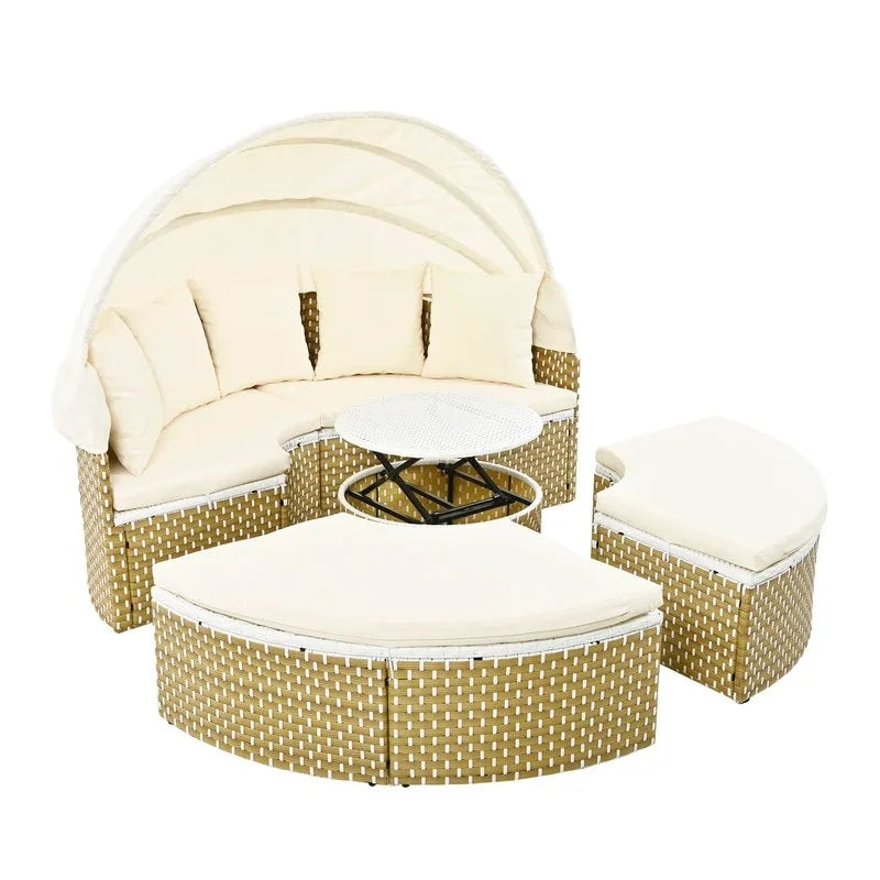 Lit de jardin rond bicolore en osier avec pare-soleil rétractable