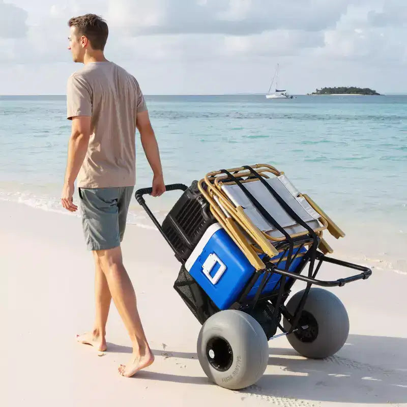 Chariot de plage VEVOR avec grandes roues pour le sable, plateau de chargement de 45,7 x 38,1 cm, chariot de plage pliable avec roues ballon de 30,5 cm, capacité de charge de 75 kg, noir