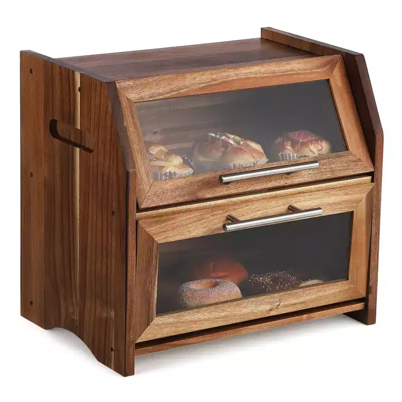 Boîte à pain, double couche, en bois d'acacia, avec panneau de porte en acrylique transparent, aérations, conteneur à pain de comptoir, porte-pain marron rustique
