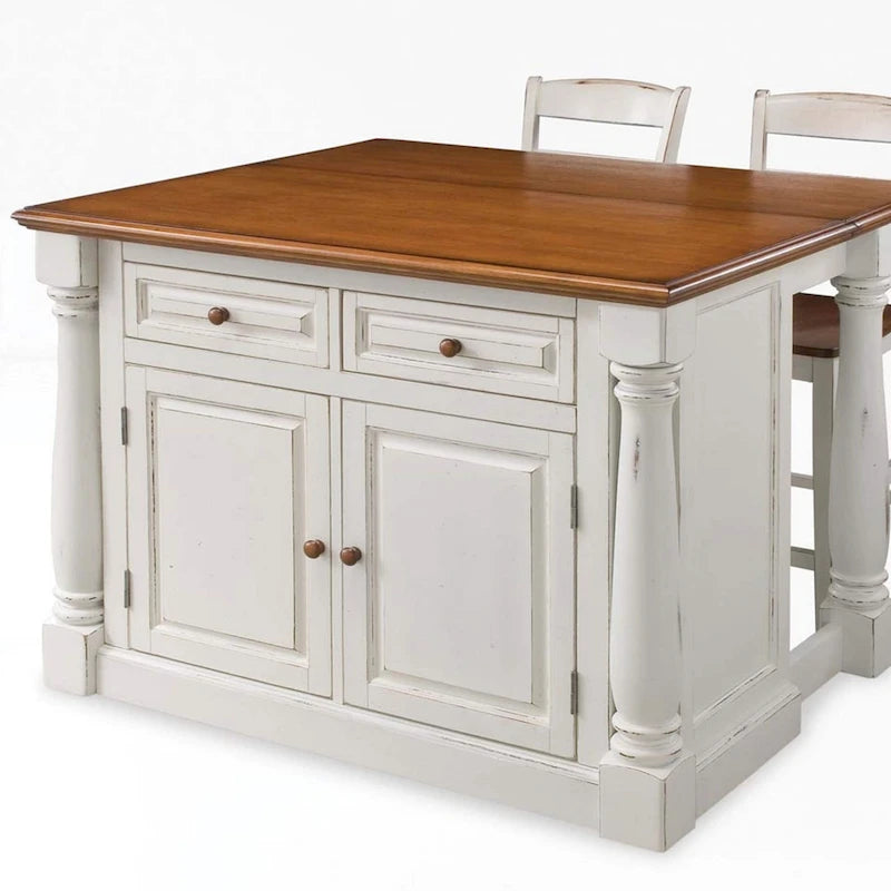 Ensemble îlot de cuisine 3 pièces Homestyles Monarch en bois blanc cassé avec plateau en bois à abattant - 48 x 25 x 36