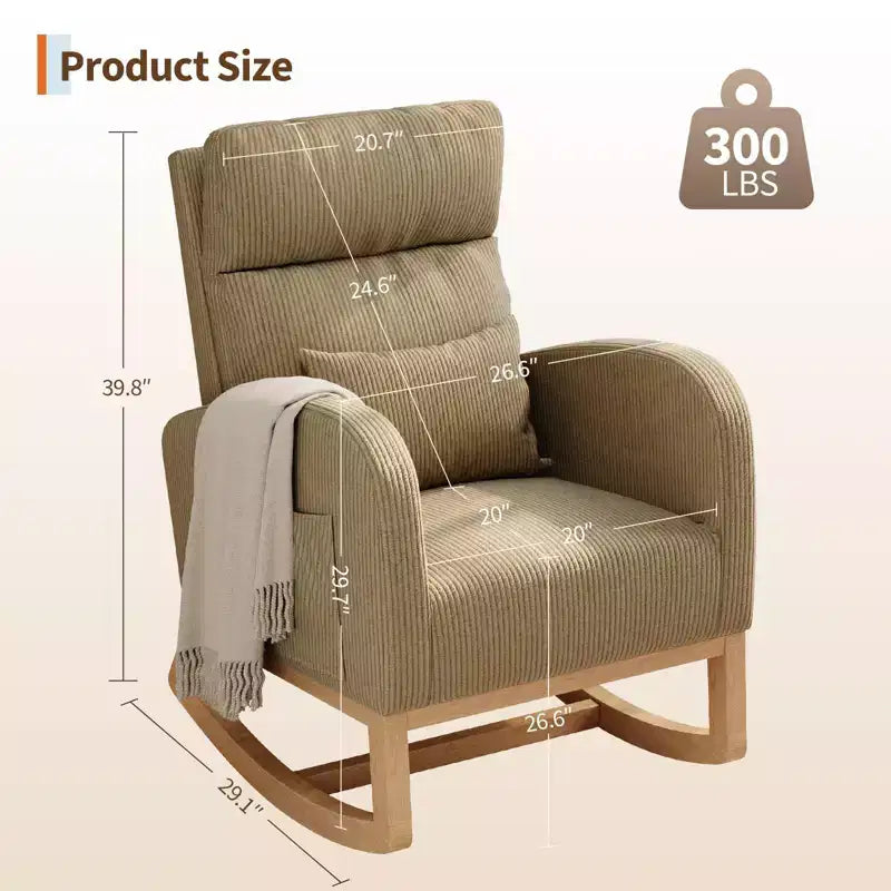 Fauteuil à bascule moderne avec oreiller et poches latérales, pour salon, chambre à coucher