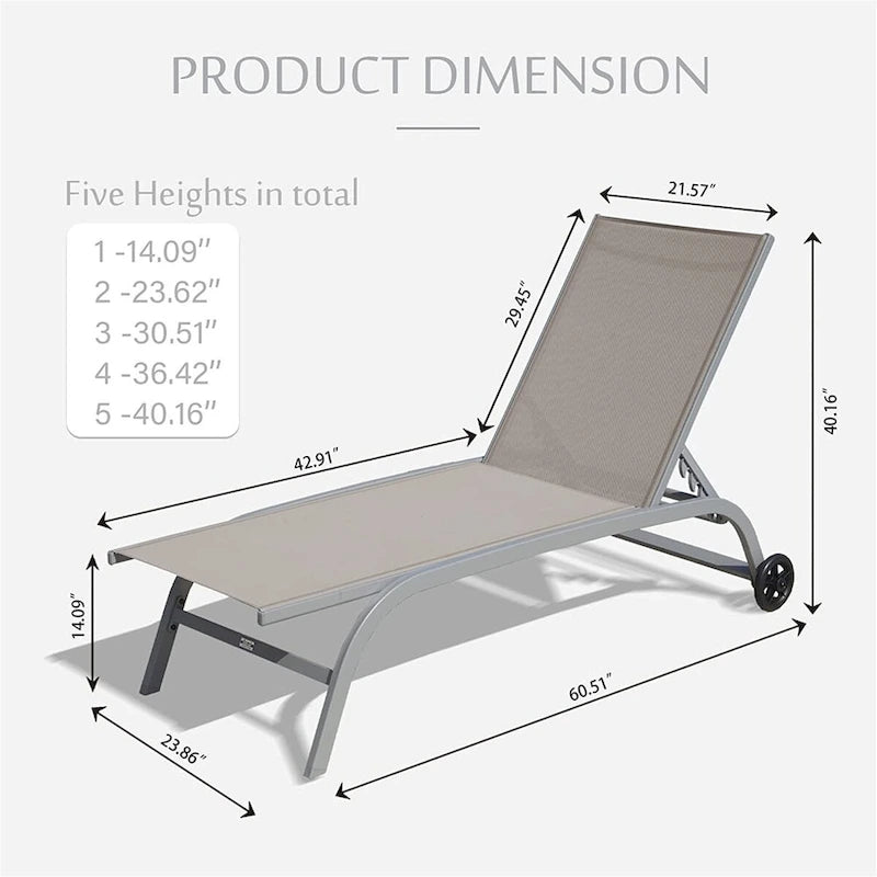 Chaise longue – Lot de 2, chaises longues avec roulettes, chaises longues avec 5 positions réglables, chaises de piscine (2 chaises longues)