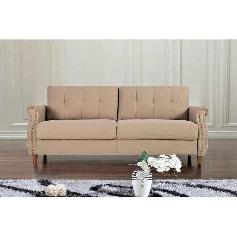 Transitional Tufted Sofa with Nail Head Trim and Bun Feet