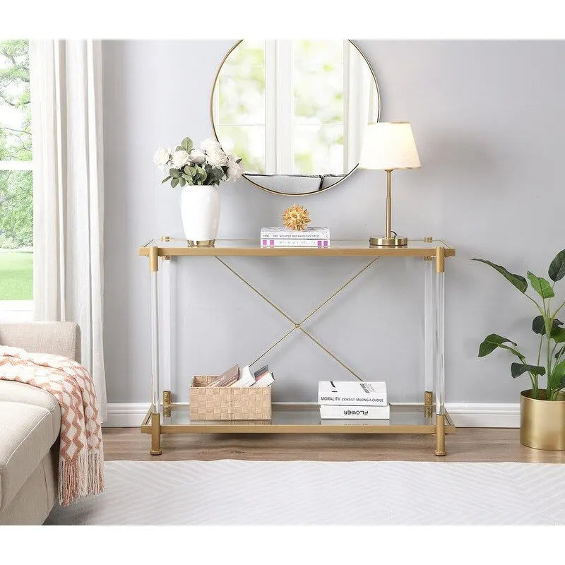 Modern 2-Tier Tempered Glass Console Table with Steel and Acrylic Frame