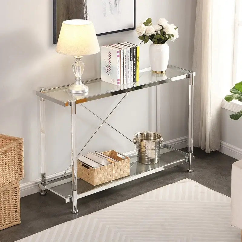 Modern 2-Tier Tempered Glass Console Table with Steel and Acrylic Frame