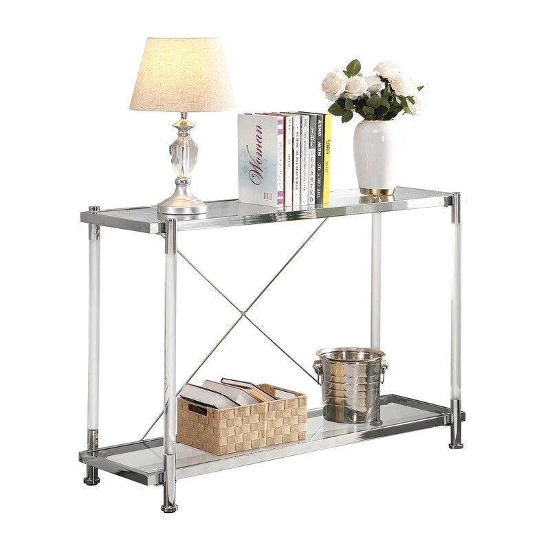 Modern 2-Tier Tempered Glass Console Table with Steel and Acrylic Frame