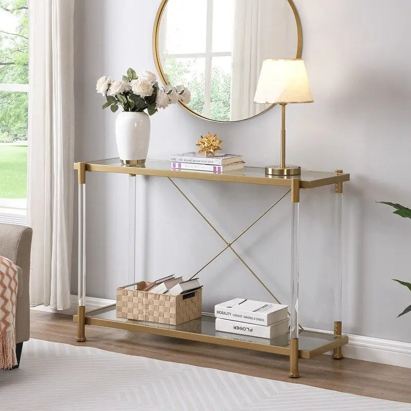 Modern 2-Tier Tempered Glass Console Table with Steel and Acrylic Frame