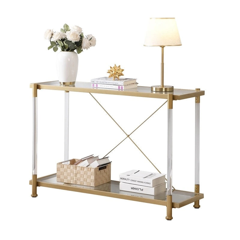 Modern 2-Tier Tempered Glass Console Table with Steel and Acrylic Frame