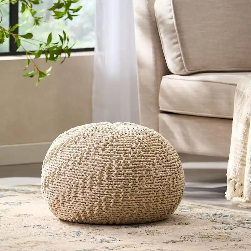 Hazel Indoor/Outdoor Cotton Knit Handcrafted Modern Fabric Pouf