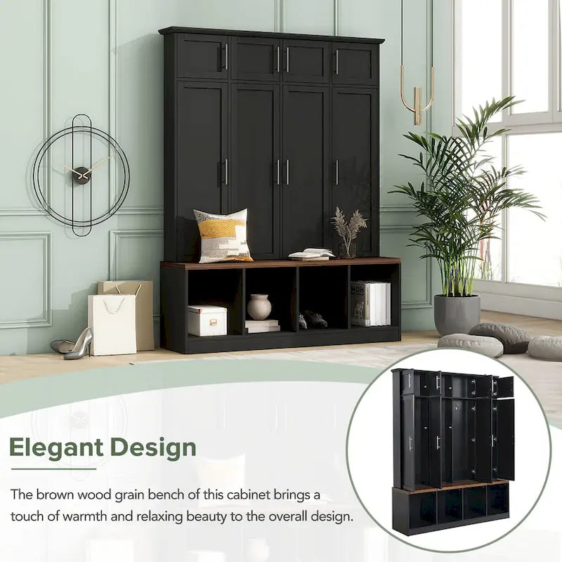 Hall Tree Storage Cabinet with 4/6 Hidden Hooks, Bench, and Open Compartments