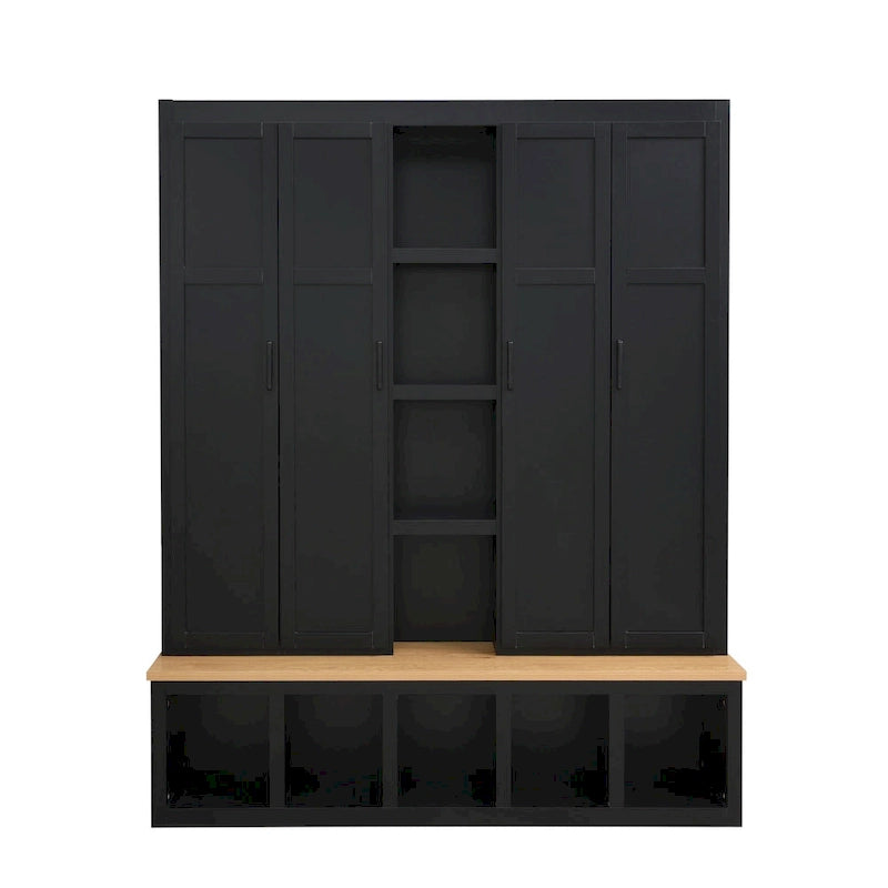 Hall Tree Storage Cabinet with 4/6 Hidden Hooks, Bench, and Open Compartments