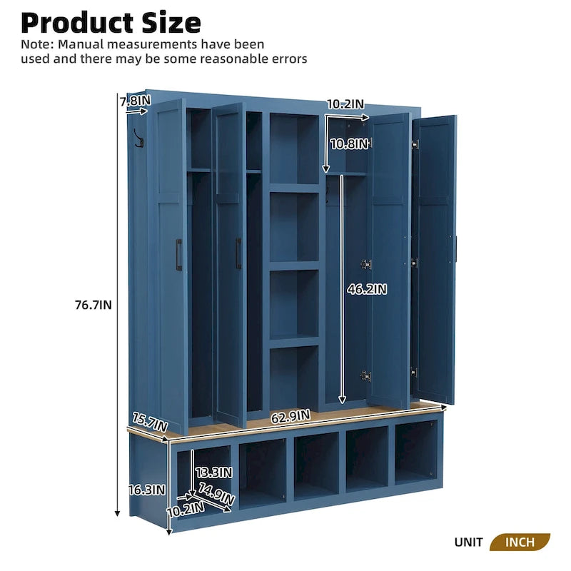 Hall Tree Storage Cabinet with 4/6 Hidden Hooks, Bench, and Open Compartments